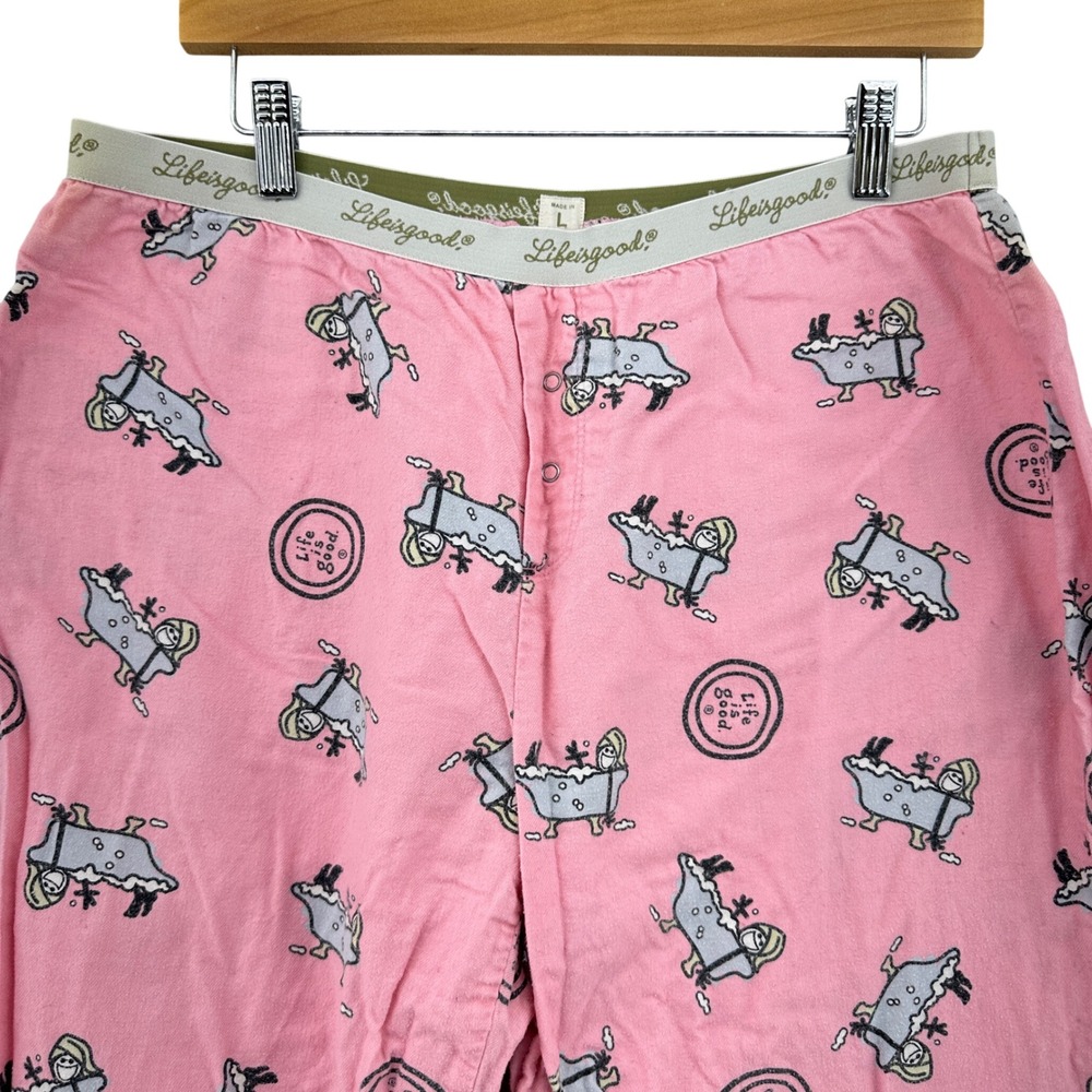 Y2K Life is Good Pink Bathtub Flannel Pajama Pants Size L Sleepwear Lounge VTG